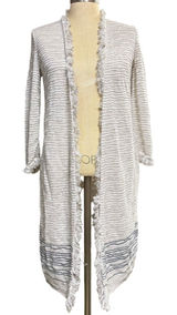 NIC+ZOE S Ivory Gray Textured Wave Knit‎ Fringe Longline Open Front Cardigan Photo 0