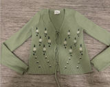 Tie-Front Embroidered Ribbed Cardigan - Sage Green Photo 0