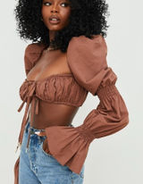 House of CB Molly Shirred Top XS Chocolate Puff Sleeve Romantic Cottagecore Sexy Photo 0