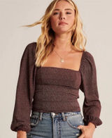 Abercrombie & Fitch Smocked Square Neck Blouse in Burgundy Polka Dot - Size XS Photo 0