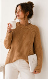 Quince Fisherman Crew Sweater Women XS Camel 100% Organic Cotton Ribbed Knit Top Photo 0