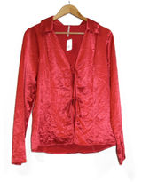 Free People‎ Star Eyes Top Women M Red NEW Crinkle Satin Tie Front Long Sleeve Photo 0