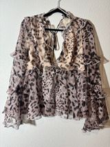 Olia NWT Womens Size L Plunge Neck Tie Back Ruffle Lined Long Sleeve Leopard Top Photo 0