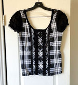 Tripp NYC Plaid Lace-Up Corset Top Cotton‎ Black White Gothic Punk XL EUC Photo 0