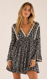 Free People Floral Mini Dress Black White Boho Cottagecore Bell Sleeve Festival‎ Photo 0