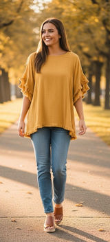 UMGEE Mustard Yellow Linen Cotton Fringe Ruffle Sleeve Boho Blouse Top XL Photo 0