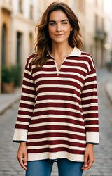 Dokotoo 2XL Striped Knit Tunic Top‎ Burgundy Cream Quarter Zip Long Sleeve Photo 0
