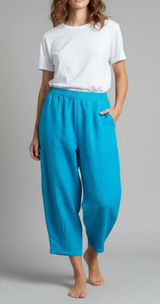 B'Gauze Women's Blue 100% Cotton Baggy Crop Pants L/XL Boho High Waist Casual Photo 0