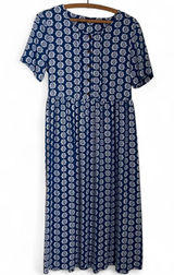 Vintage 90s Royal Blue Geometric Print Midi Button Short Sleeve Rayon Dress Photo 0