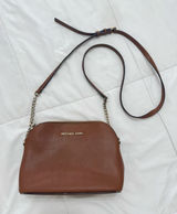 Michael Kors Brown Saffiano Leather Dome Crossbody Bag Chain Strap Photo 0