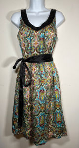 LulaKate Paisley Silk Dress Multicolor Satin Trim Belted Cocktail Boho Size 10 Photo 0