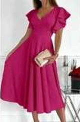 PrettyGarden Womens Hot Pink Ruffle‎ Sleeve V-Neck Maxi Dress Size L NWT Photo 0
