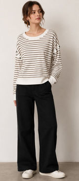 Evereve Striped Sweatshirt Women Medium Ivory Tan‎ Snap Detail Preppy Coastal Photo 0