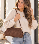 A New Day Brown Faux Suede Frame Clutch Gold Kiss Lock Crossbody Bag NEW Photo 0