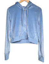 Aerie‎ Real Good Velour Full Zip Hoodie Light Blue Cropped Sweatshirt Large Photo 0