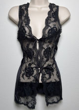 American Vintage VTG 60s Jenelle of California Women Black Lace Cami Top Sheer Tie Front Floral Photo 0