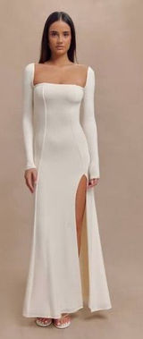 NWT Meshki Desirie Slinky Long Sleeve Maxi Slit Ivory Dress L Photo 0