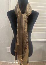 Elegant Brown Gold Paisley Print Scarf Wrap Fringe Viscose Acrylic winter boho Photo 0