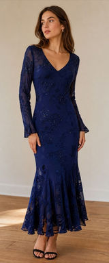 Vintage Alex Evenings Navy Silk Beaded Floral Handkerchief Maxi Dress Photo 0