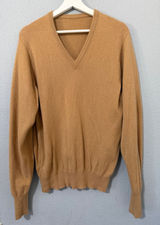 Wool Women Camel Knit Sweater M Tan V-Neck Long Sleeve Classic Minimalist Preppy Photo 0