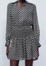 Zara Geometric Smocked Waist Long Sleeve Dress XS NWT Photo 0