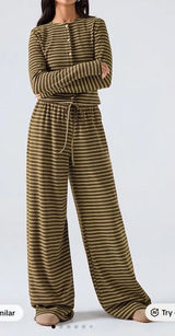 NWOT DolceAmara Striped Wide Leg Pant and Cardigan Set in Brown Photo 0