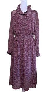 Banana Republic Paisley Midi Dress Womens Small Burgundy Ruffle Long Sleeve Belt Photo 0