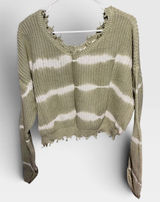 Women's Jessica Simpson Distressed Knit Sweater Green White Striped Size L Photo 0