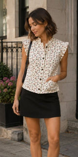 NWT AnnieWear Ditsy Print Denim Crop Vest Size S White Floral Scalloped Photo 0