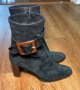 Theory Black Suede Ankle Boots Brown Buckle Stacked Heel Made in Italy Size 7.5 Photo 0