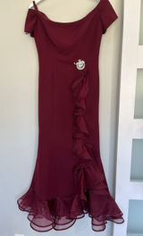 Burgundy Off Shoulder Mermaid Gown Rhinestone Brooch Ruffle‎ Hem USA Made M Photo 0