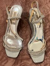 Badgley Mischka Silver Glitter Strappy Slingback Heels Photo 0