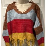 Women Distressed Oversized V Neck Sweater Fringe Hem Colorblock Boho Y2K Small Photo 0