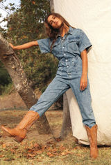 FREE PEOPLE Marci Denim Jumpsuit in Wash Sapphire Blue Size X-Small Photo 0