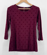 Ann Taylor Womens Medium Burgundy Velvet Polka Dot 3/4 Sleeve Blouse Back Zip Photo 0
