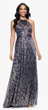 Betsy‎ And Adam Metallic Floral Jacquard Dress Size 2 Slit Halter Photo 0