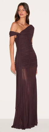PrettyLittleThing BROWN LINED MESH BARDOT MAXI DRESS Sz 0 Photo 0