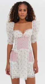 NWT!!‎ FOR LOVE & LEMONS Francine Floral Patchwork Mini Dress Lace Coquette XS Photo 0
