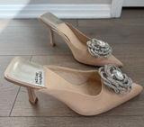 Jeffrey Campbell x REVOLVE Viviana Mules Satin‎ Creme Rhinestones 7 Kitten Heel Photo 0