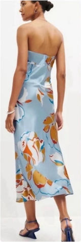Reformation Strapless Floral Midi Dress in Light Blue and Mustard Photo 0