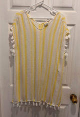 C&C California Women Yellow White Striped Tassel Trim Swim Cover Up Tunic Large Photo 0