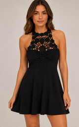 Crochet Halter Mini Dress Womens XS Black Fit Flare Boho Goth LBD Festival party Photo 0