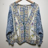 Free People Women Lola Floral Top Large Blue Patchwork Paisley Button Front Photo 0