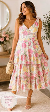 WAYF Floral Tiered Midi Dress XL Garden Party Wedding Guest Ruffle Dress Photo 0