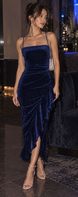 Emerald Sundae XS Navy Blue Glitter Velvet Ruched Ruffle Asymmetric Photo 0