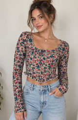 Free People Melanie Long Sleeve Top Floral Long Sleeve Ruffle Crop Back Cross M Photo 0