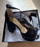 EGO Hayes Black Satin Platform Heels Chunky Block Heel Ankle Strap Pumps Sz 6 NWB Photo 0