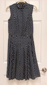 Akris Bergdorf Goodman Navy White Polka Dot Mock Neck Pleated Cotton Dress US 6 Photo 0