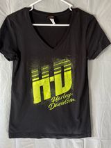 Harley-Davidson T-Shirt Womens Sm‎ Black Yellow Logo V-neck Bikercore Motorcycle Photo 0