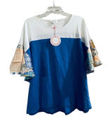 Umgee Royal Blue White Colorblock Boho Paisley Tiered Bell Sleeve Top M NEW Photo 0